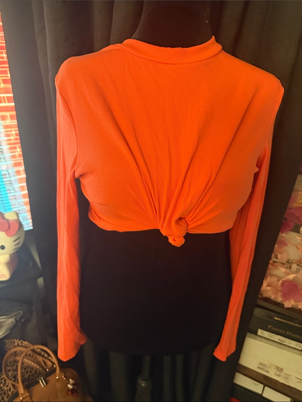 Long Sleeve Ribbed Knot-Front Crop Top - Orange
